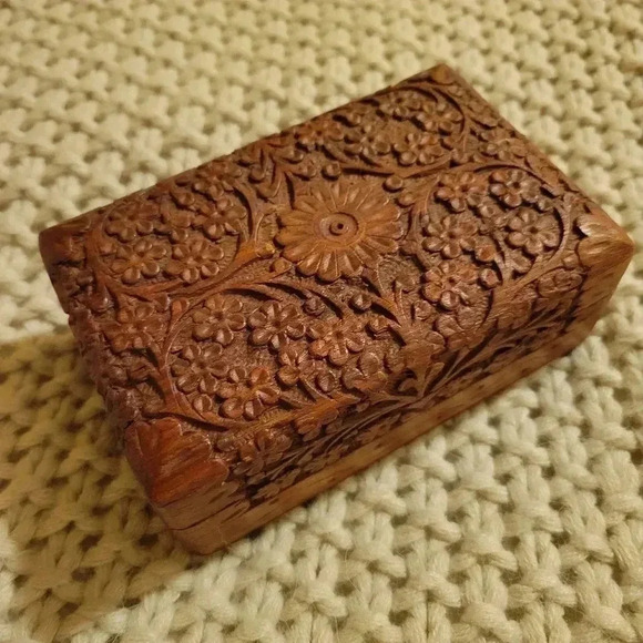 Vintage Other - Vintage Handmade Wooden Floral Carving Jewelry Trinket Box India Wood